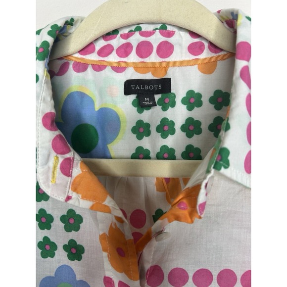 Talbots Blouse Colorful Floral Dots Top Pink Orange Button Up Size Medium - Picture 4 of 7